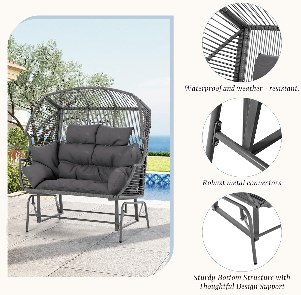 ECOTOUGE Patio Double Egg Chair, Indoor Outdoor Oversized Loveseat, 2 Person Extra Large Wicker Lounge Rocking Glider Chairs w/Thicken Padded Cushions and Pillow for Garden Balcony Sunroom, Grey ECOTOUGE