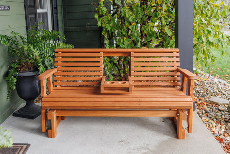 Amish Casual Heavy Duty Rollback Console Porch Glider in Cedar Stain - Patio Glider with Fold Down Cupholders Amish Made in The USA Amish Casual