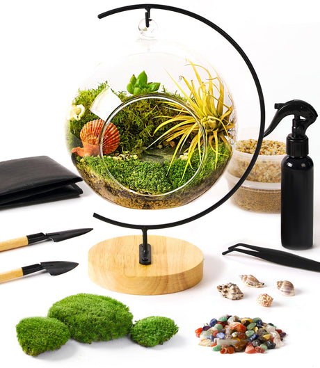15-Piece Terrarium Kit with Live Moss – DIY Glass Globe Set with Tools, Soil, Stones & Spray Bottle – Indoor Mini Garden Gift for Plant Lovers, Home Decor & Zen Craft LUCKYRUNES