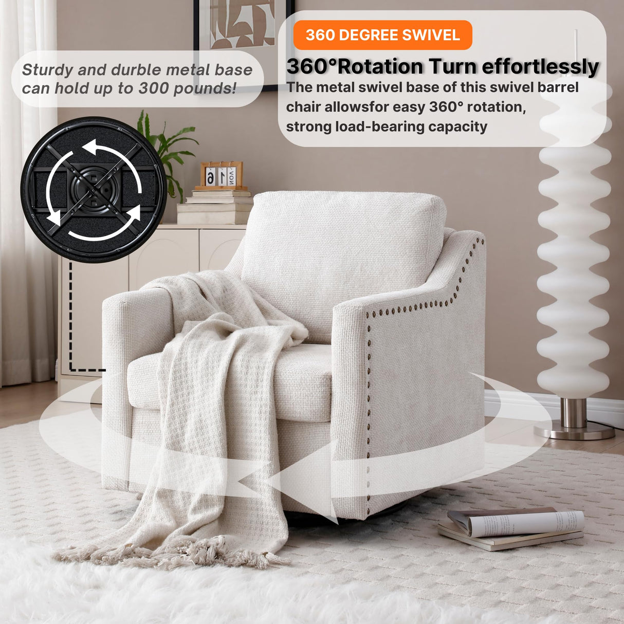 Oversized Swivel Accent Chair,Chenille Fabric Large Comfy Reading Chairs,Mid Century Modern Living Room Chair,Wide Arm Chair with Thick Soft Cushion,Single Sofa Chair for Living Room,Bedroom Wunlerlant