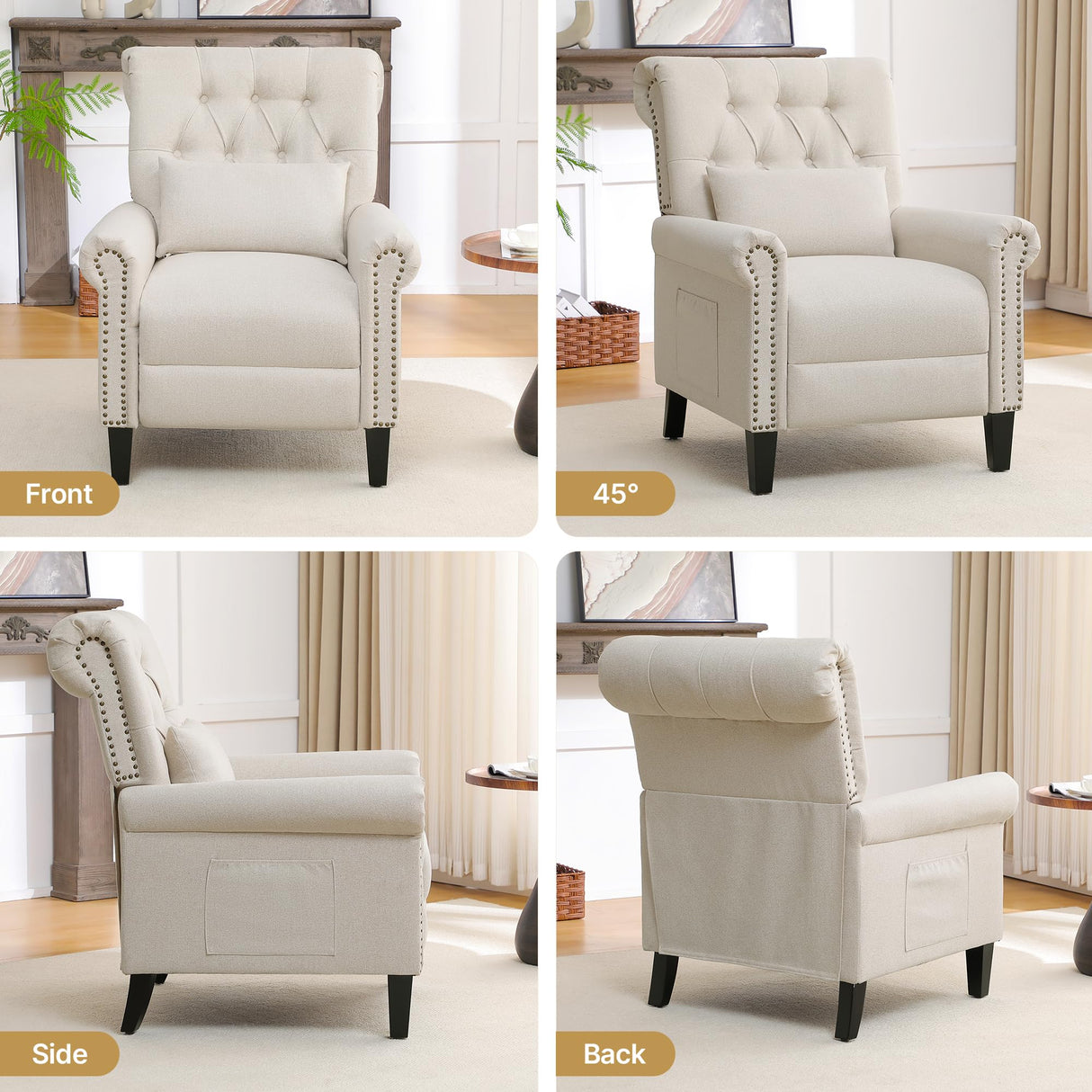 choairy Pushback Recliner Chair, Accent Push Back Chair Set of 2 with Adjustable Footrest Wingback, Upholstered Linen Reclining Sofa with Side Pocket, Comfy Modern Armchair for Living Room, Khaki choairy