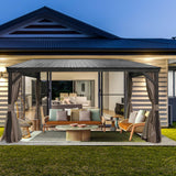 SHPAI 10’ x 12’ Lean to Gazebo, Outdoor Wall Mounted Gazebo Aluminum Frame, Hardtop Pergola with Galvanized Steel Sloping Roof for Patio Deck Garden Backyard, Curtain and Netting Included SHPAI