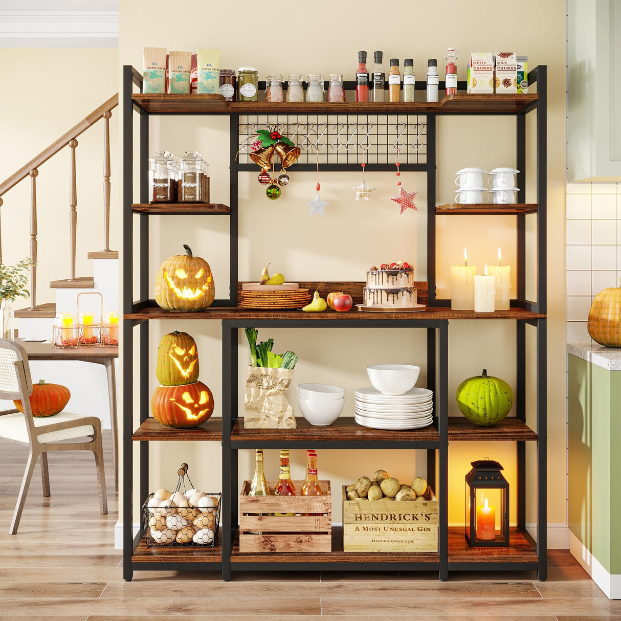 Tribesigns Large Bakers Rack, 55" Wide Kitchen Hutch Cabinet Microwave Stand with 11 Hooks, 5-Tier Baker’s Rack Kitchen Storage Shelf Rack with Hutch, Rustic Brown Tribesigns