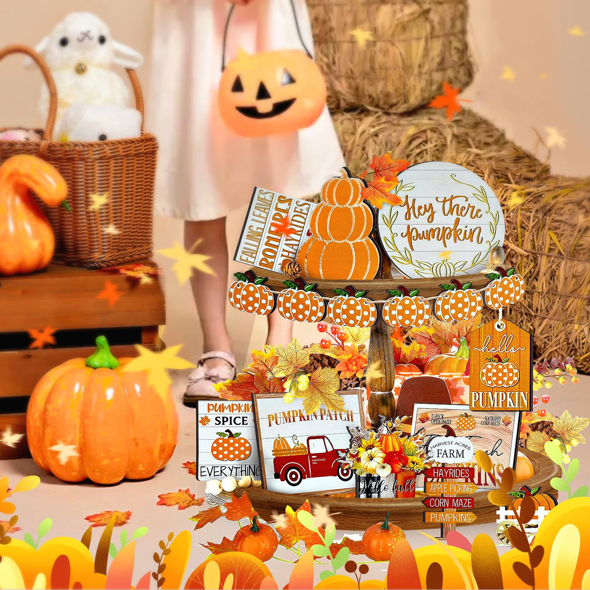 Thanksgiving Tiered Tray Decor Set Pumpkin Home Decorations Rustic Farmhouse Truck Wooden Sign Spice Blocks Autumn Sign for Festival Gift Tabletop (Pumpkin) LWuuywa