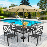 SUNCROWN 5-Piece Outdoor Wrought Iron Chairs and Table Patio Dining Furniture Set - 4 Stackable Metal Chairs, 1 Steel Slat Bistro Table and 1 Brown 9Ft Patio Umbrella for Garden Backyard Deck SUNCROWN
