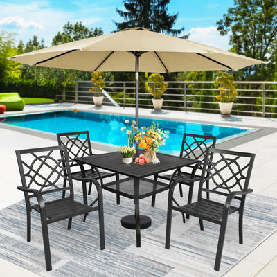 SUNCROWN 5-Piece Outdoor Wrought Iron Chairs and Table Patio Dining Furniture Set - 4 Stackable Metal Chairs, 1 Steel Slat Bistro Table and 1 Brown 9Ft Patio Umbrella for Garden Backyard Deck