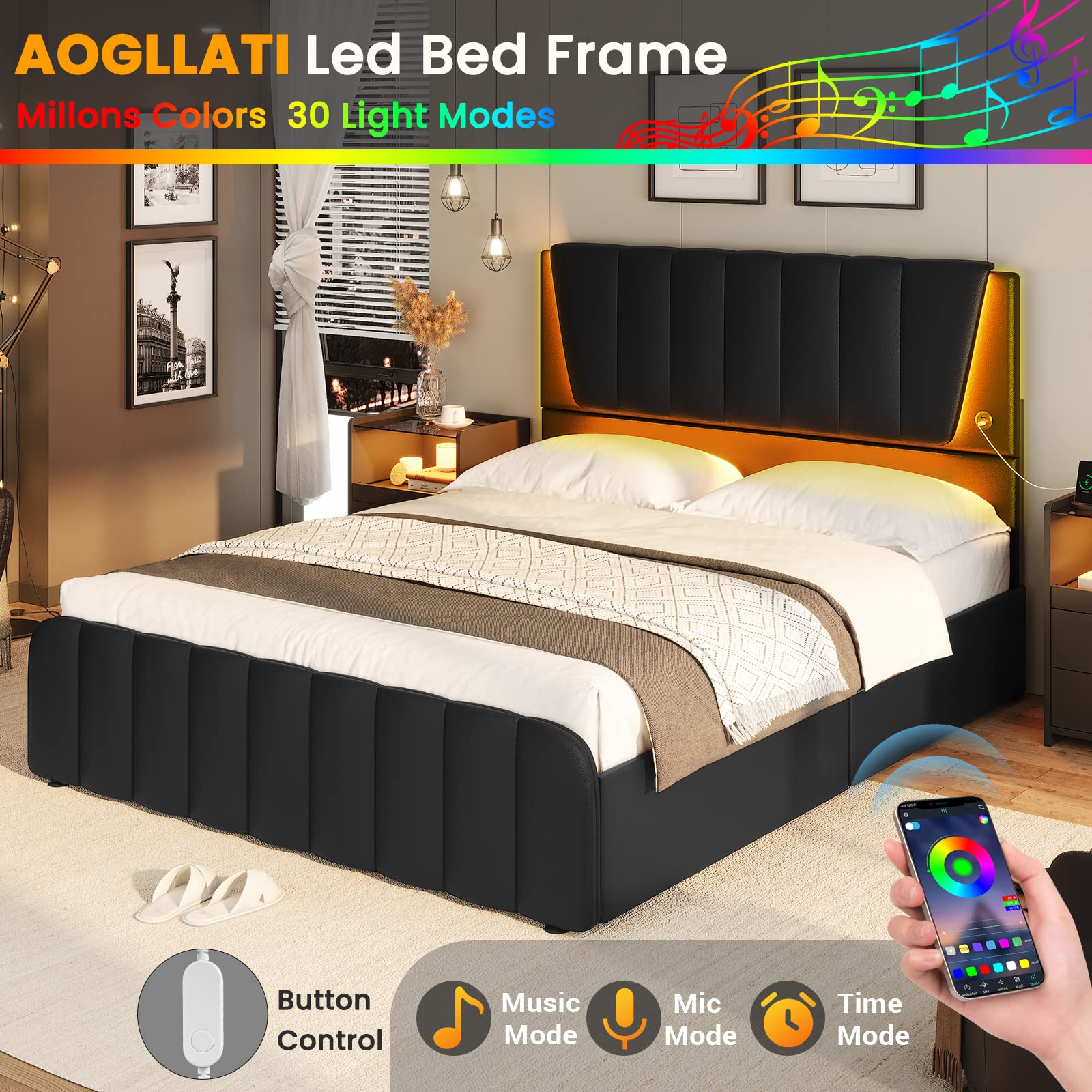 AOGLLATI Queen Bed Frame with Headboard, LED Lights, 4 Storage Drawers & USB Ports - WoodArtSupply