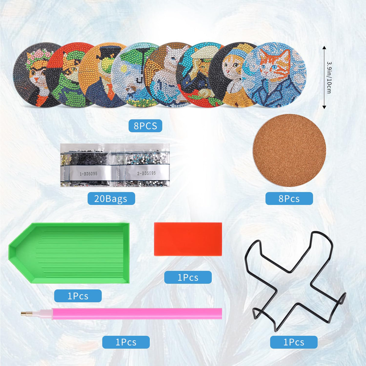 Whimsical Cat Masterpieces Diamond Art Painting Coasters Kits for Adult, 8Pcs DIY Crafts Non Slip Coaster Pads with Holder, Featuring Famous Art with Cats, Vibrant Resin Gems, Heat Resistant Drink Mat VYRANA