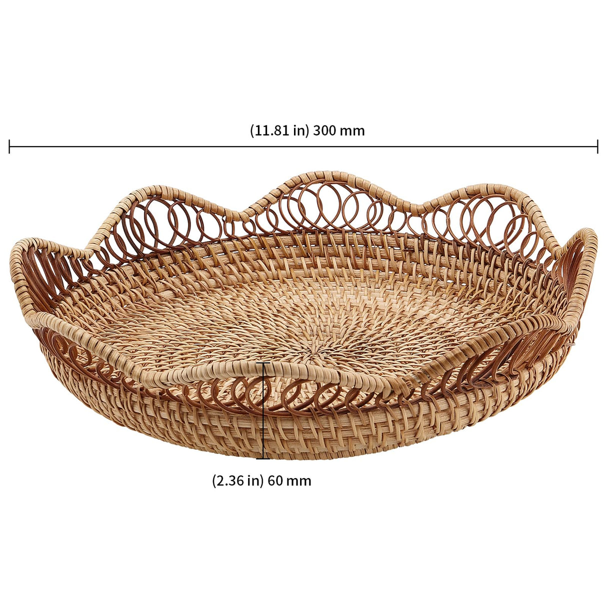 KEILEOHO 2 PCS 11.8 x 2.36 Inch Rattan Fruit Basket Round, Rattan Bread Basket, Wicker Fruit Basket, Rattan Fruit Bowl for Bread, Fruit, Vegetables, Tabletop Display KEILEOHO
