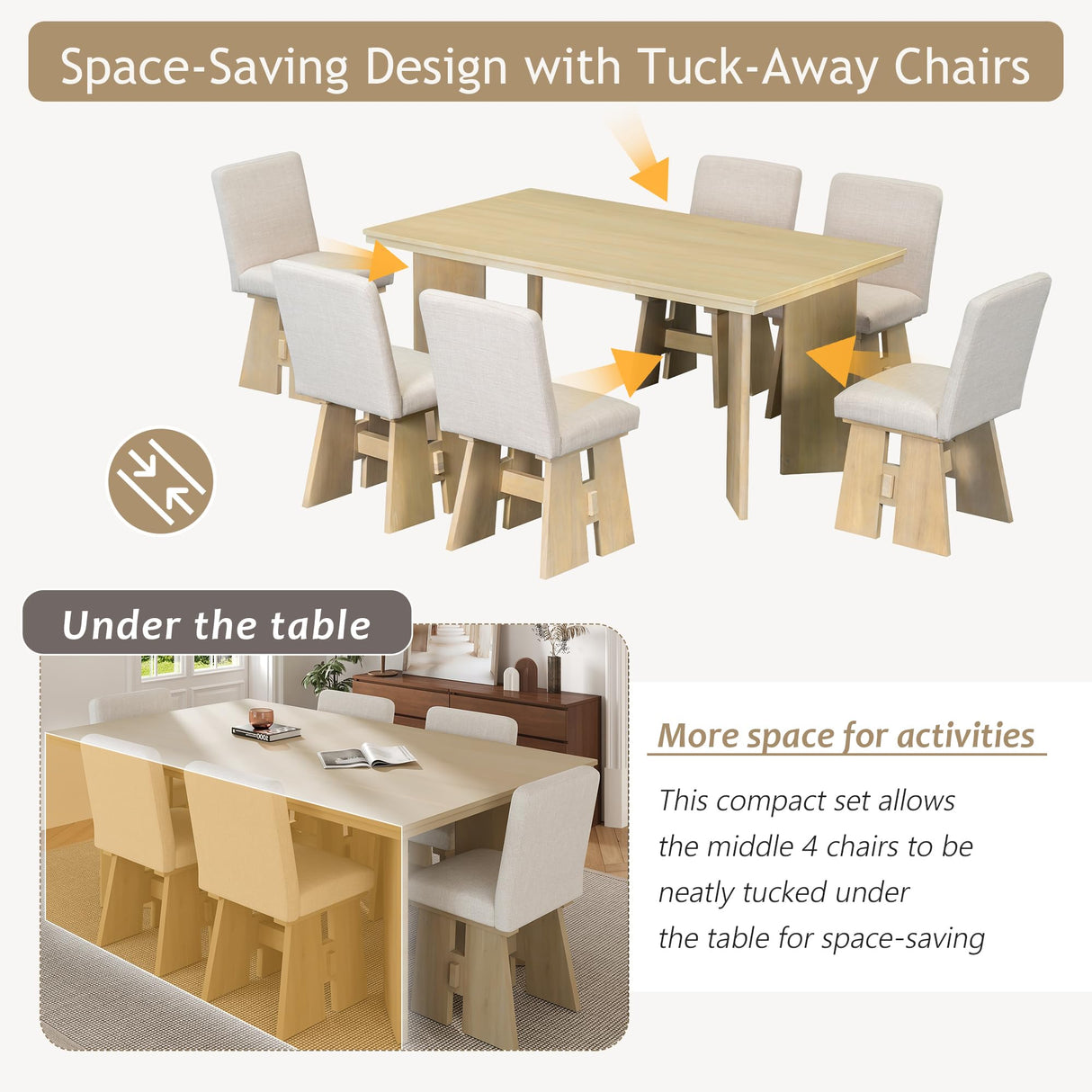 THINK 30 Modern 7-Piece Dining Table Set with 6 Upholstered Dining Chairs, Natural THINK 30