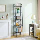 Hoctieon 5-Tier Industrial Ladder Bookshelf, Narrow Ladder Shelf, Tall Standing Bookshelf, Skinny Open Ladder Shelf, for Living Room, Home Office, Kitchen, Bedroom, Metal Frame, Black Hoctieon