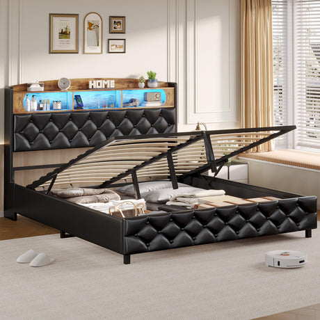 ADORNEVE Queen Bed Frame with LED Headboard, Hydraulic Lift Storage, and Built-in Charging Station in PU Black ADORNEVE