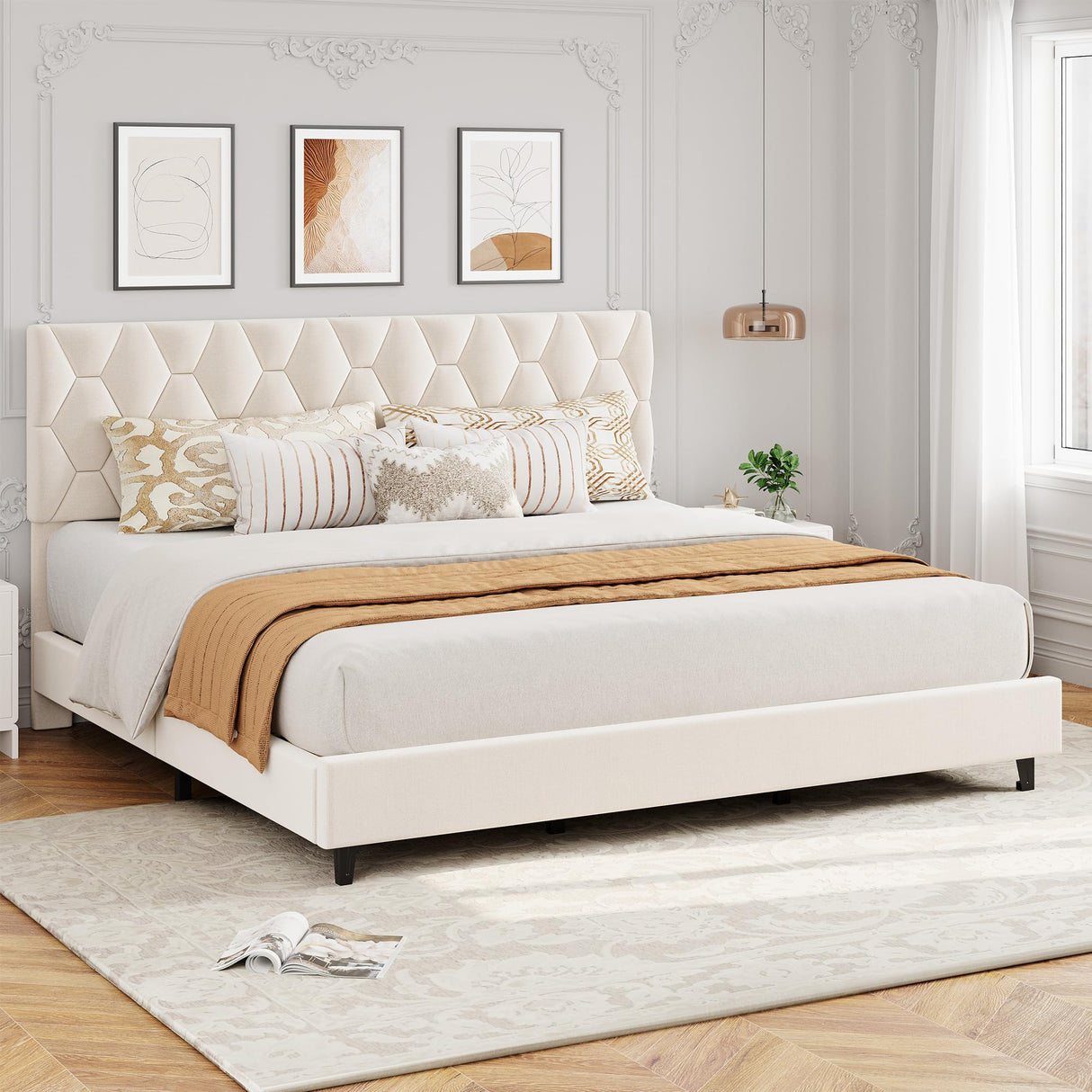 GAOMON Beige King Bed Frame with Upholstered Headboard, Heavy-Duty Platform Bed Frame with Strong Wood Slats, No Box Spring Needed/Noise Free/Easy Assembly GAOMON