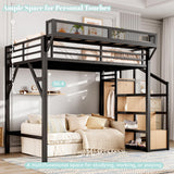 Twin XL Loft Beds with Storage Beside Shelves and Wardrobe, Metal Loft Bed Twin with LED Lights and USB Ports, Heavy-Duty Loft Bed Frame for Teens, Adults, Noise-Free & Space-Saving, Black Bellemave