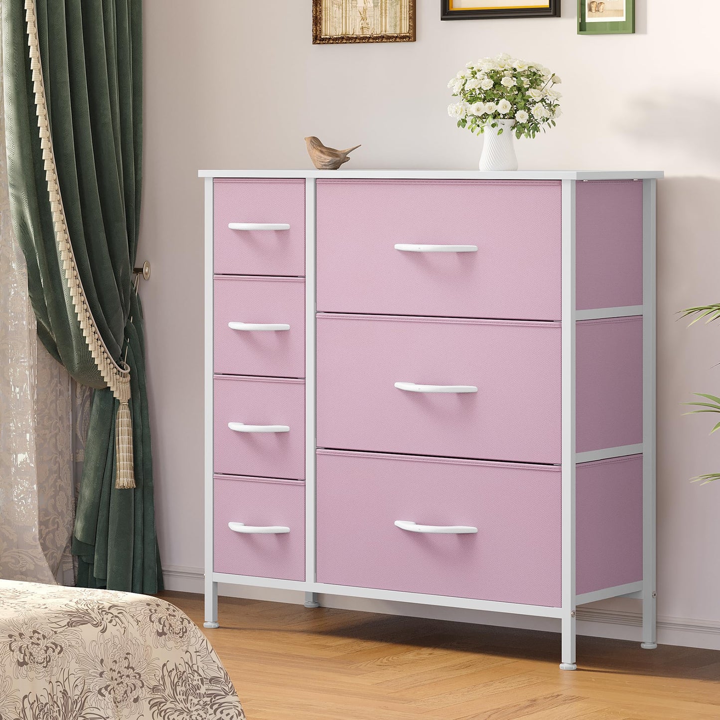 YITAHOME Pink Dresser for Bedroom, 7 Drawers Fabric Dresser, Organizer Unit for Living Room, Hallway, Closets - Sturdy Steel Frame, Wooden Top & Easy Pull Fabric Bins