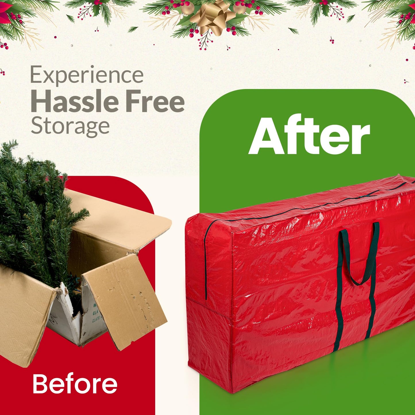 (Not Made In China) Christmas Tree Storage Bag For 9 Foot Artificial Xmas Holiday Tree, Durable Waterproof Material, Zippered Bag, Carry Handles. Protects Against Dust, Insects and Moisture