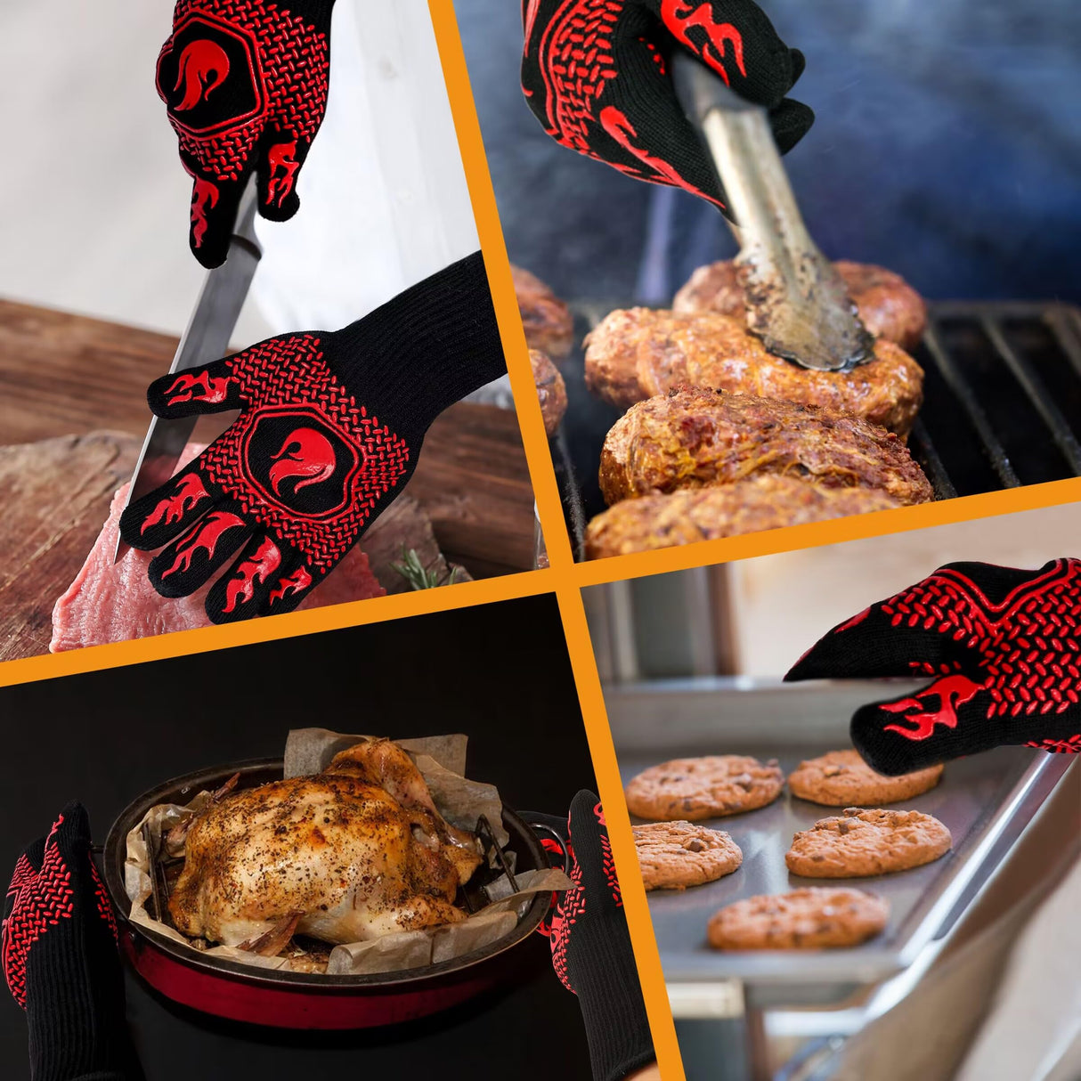 BBQ Fireproof Gloves, Grill Cut-Resistant Gloves 1472°F Heat Resistant Gloves, Non-Slip Silicone Oven Gloves, Kitchen Safe Cooking Gloves for Oven Mitts,Barbecue,Cooking, Frying,13.5 Inch-Red DKHDBD