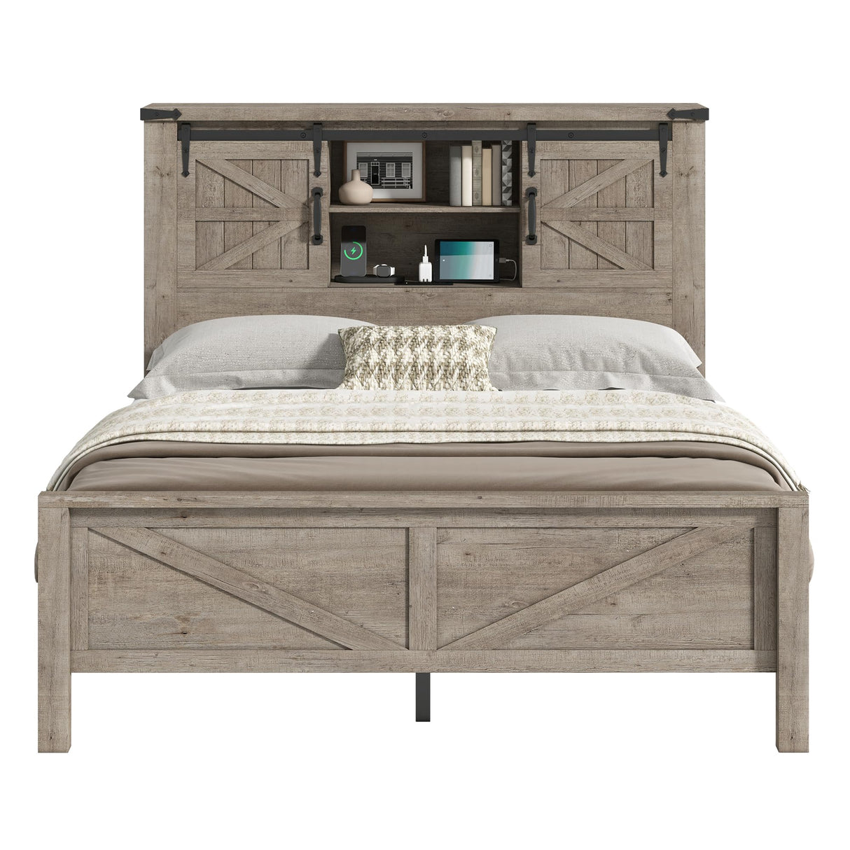 AMERLIFE Farmhouse Full Bed Frame with Storage Headboard & Charging Station, Rustic Wood Platform Bed with Barn Door Bookcase, No Box Spring Needed, Light Grey Bedroom Furniture AMERLIFE