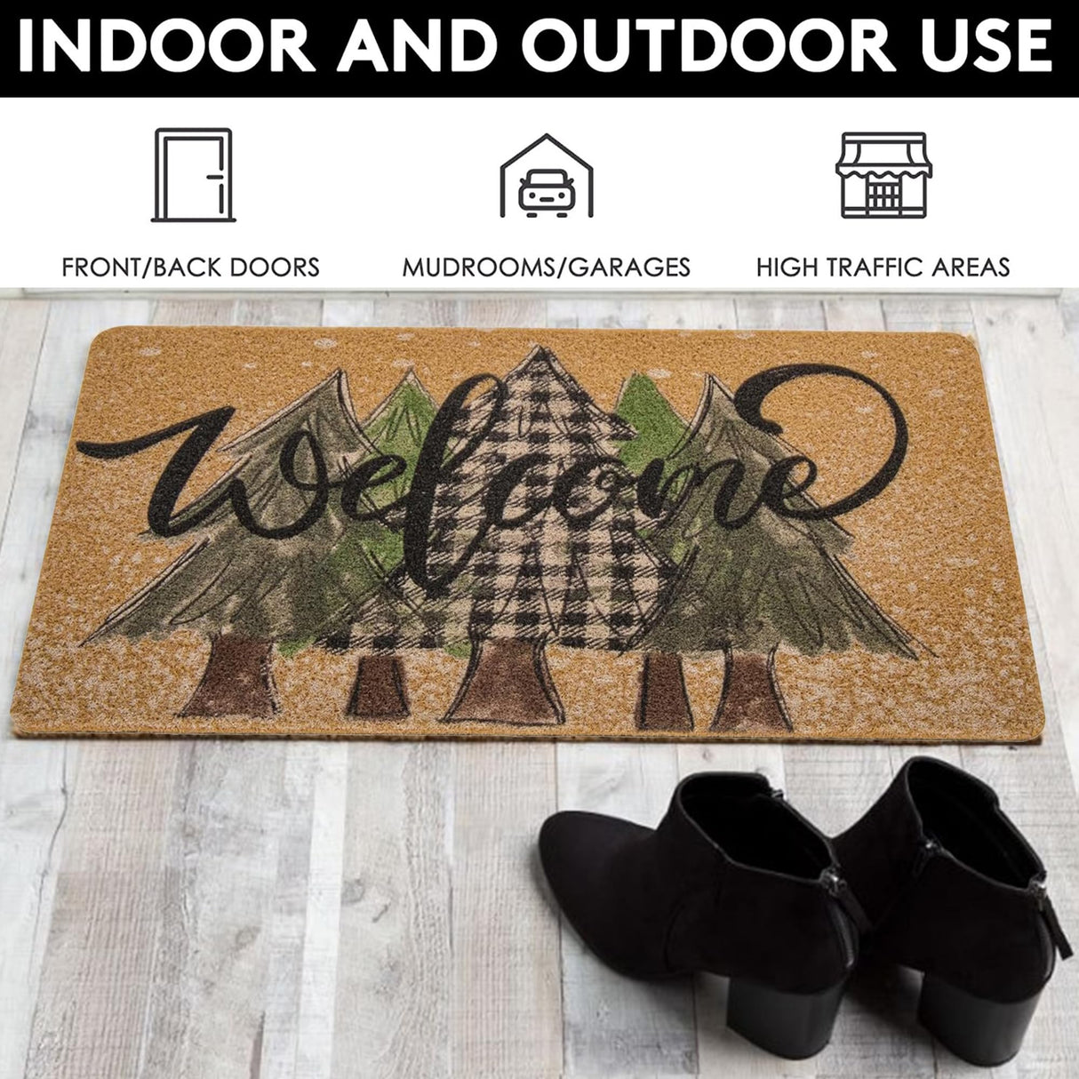 UTOWO Winter Xmas Welcome-Doormat Non-Slip Front-Door-Mats - Plaid Pine-Tree Snow Entrance Mat Porch Home Christmas Decor 17x29in UTOWO
