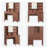 Farmhouse Makeup Vanity Desk with solid wood stool, Makeup Vanity with Mirror and Lights & Power Outlet, Makeup Table with 2 Drawers, Dressing Table with Glass Top for Bedroom Dressing Room, Brown GarveeHome