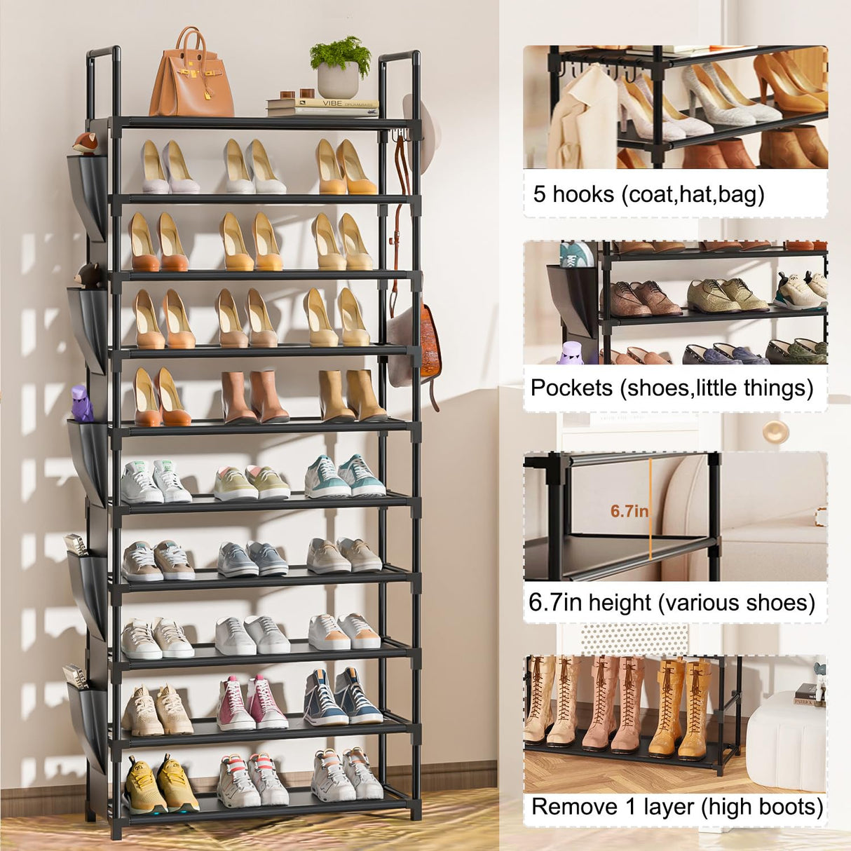LUKYTOWER Tall Shoe Rack - 10 Tier Shoe Organizer with Metal Shelf, 5 Hooks, Pocket & Sturdy Stand for Closet Shoes LUKYTOWER