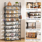 LUKYTOWER Tall Shoe Rack - 10 Tier Shoe Organizer with Metal Shelf, 5 Hooks, Pocket & Sturdy Stand for Closet Shoes LUKYTOWER