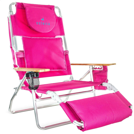 Ostrich Reclining Lounge Chair, Deluxe 3 in 1 Folding Outdoor Beach Lounger, Pink - Compact and Portable Recliner for Pool Tanning, Lawn, Patio, and Yard Ostrich