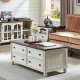 RWYHG 48" Farmhouse Coffee Table with Hidden Storage,Wooden Coffee Tables with 4 Drawers & Roman Column Handle,Rectangular Rustic Center Table with Solid Wood Curved Base for Living Room,Office,White RWYHG