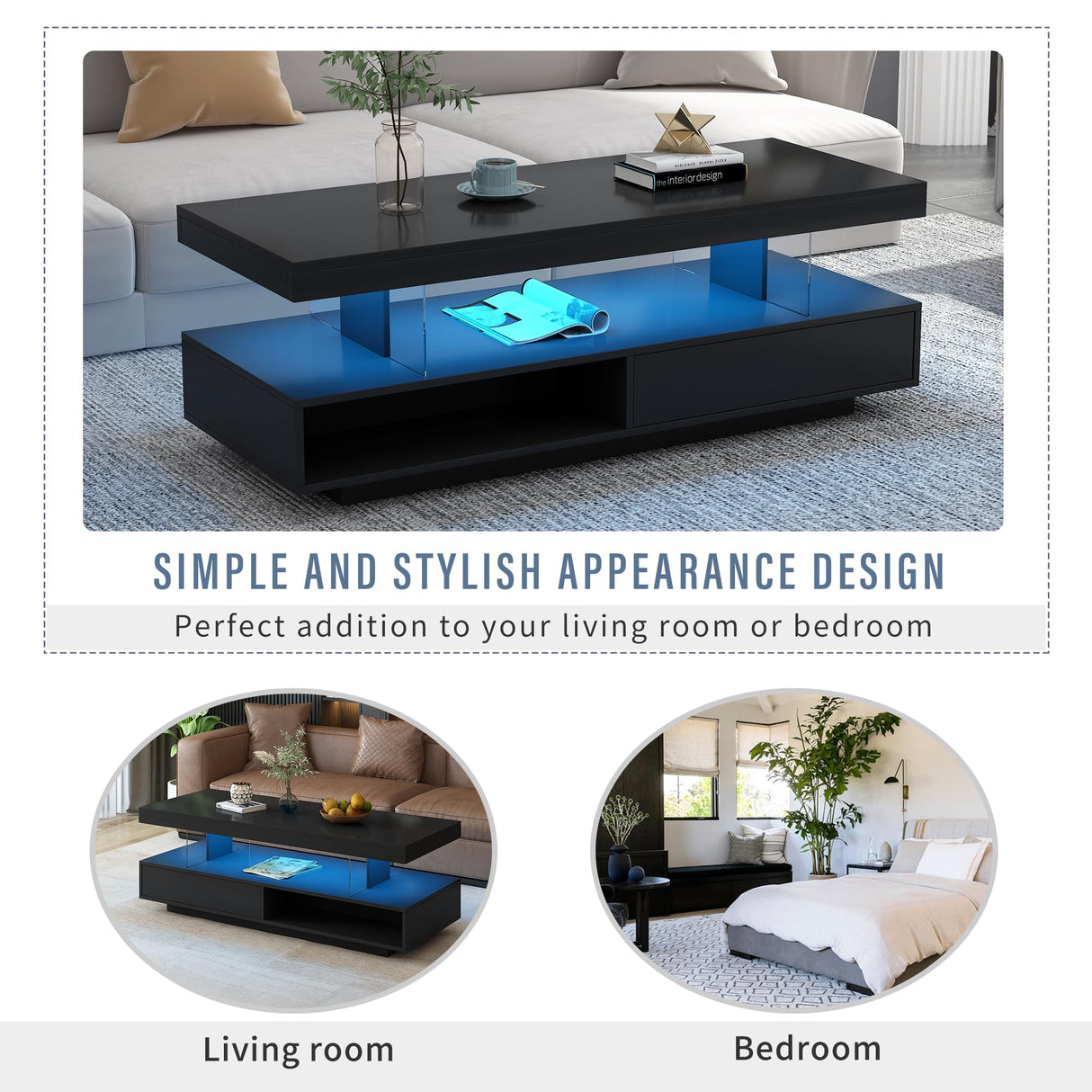 LUMISOL High Gloss Coffee Table with 16 Colors LED Lights, UV Cocktail Table with 2 Drawers and Display Shelf, Modern Center Table for Living Room, Black LUMISOL