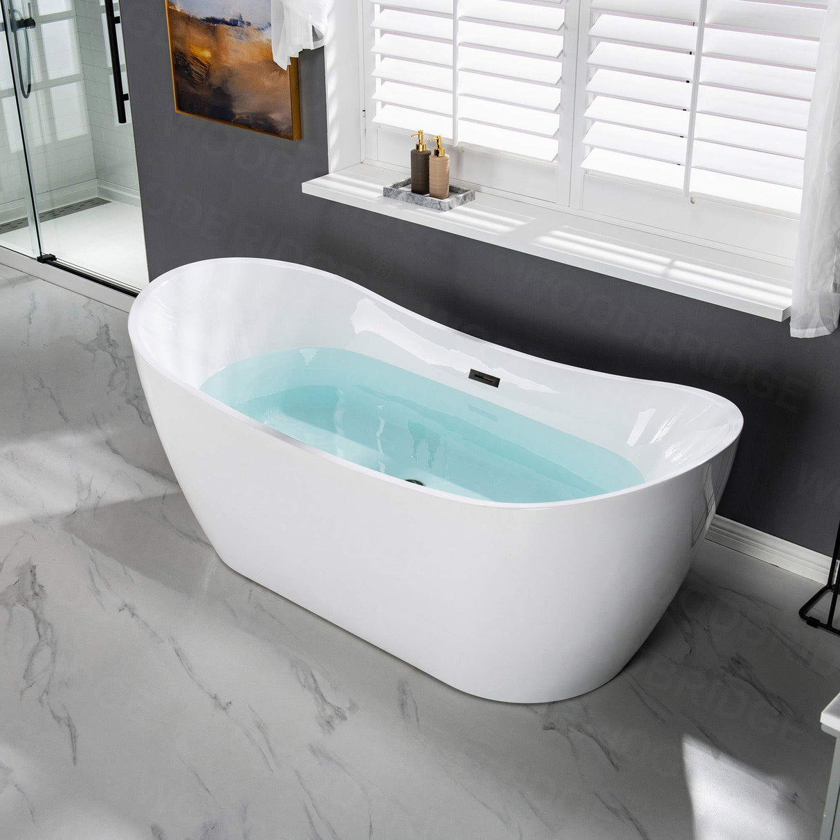 WOODBRIDGE 71" Acrylic Freestanding Bathtub Contemporary Soaking Tub, White Acrylic (Matte Black Drain/Overflow),B0017 MB Drain &O WOODBRIDGE