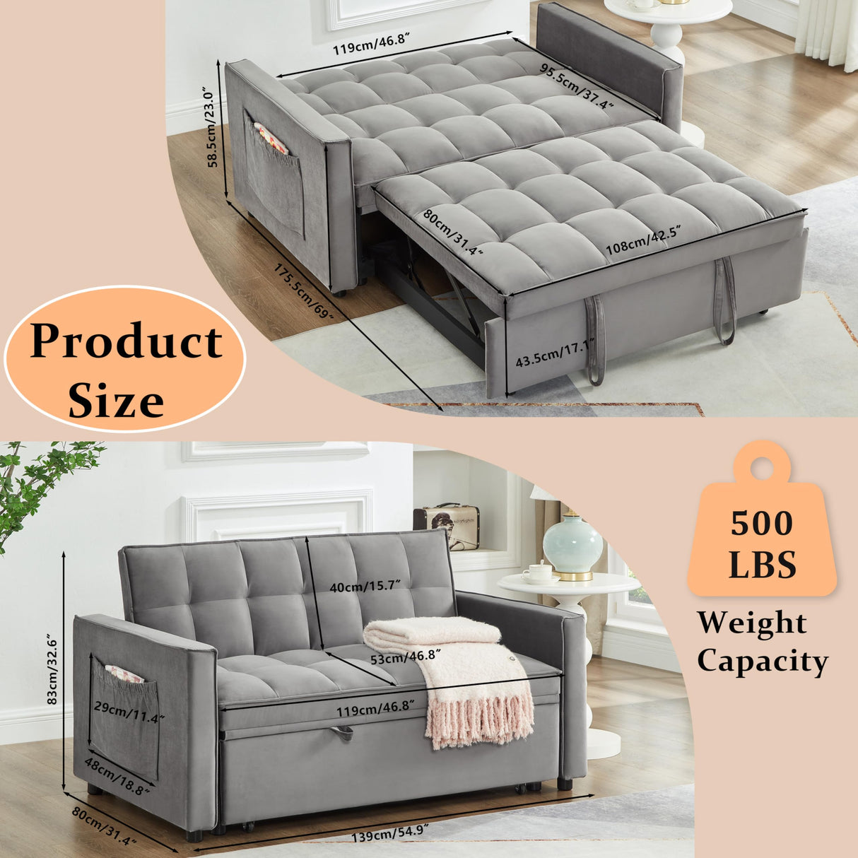 Gexpusm Pull Out Futon Sofa Bed, 55.3'' Convertible Loveseat Sleeper, 3-in-1, Velvet, Grey Gexpusm