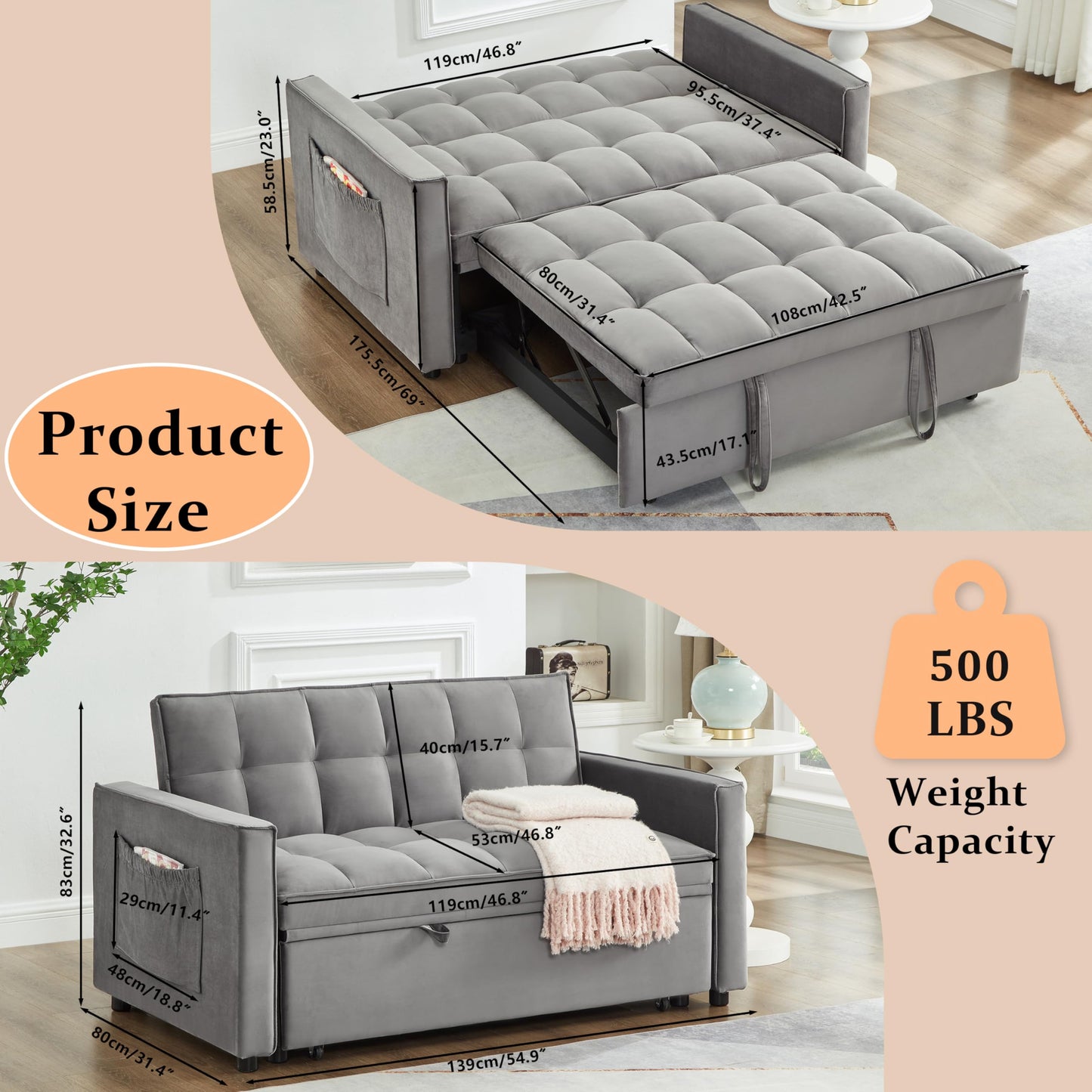 Gexpusm Pull Out Futon Sofa Bed, 55.3'' Convertible Loveseat Sleeper, 3-in-1, Velvet, Grey