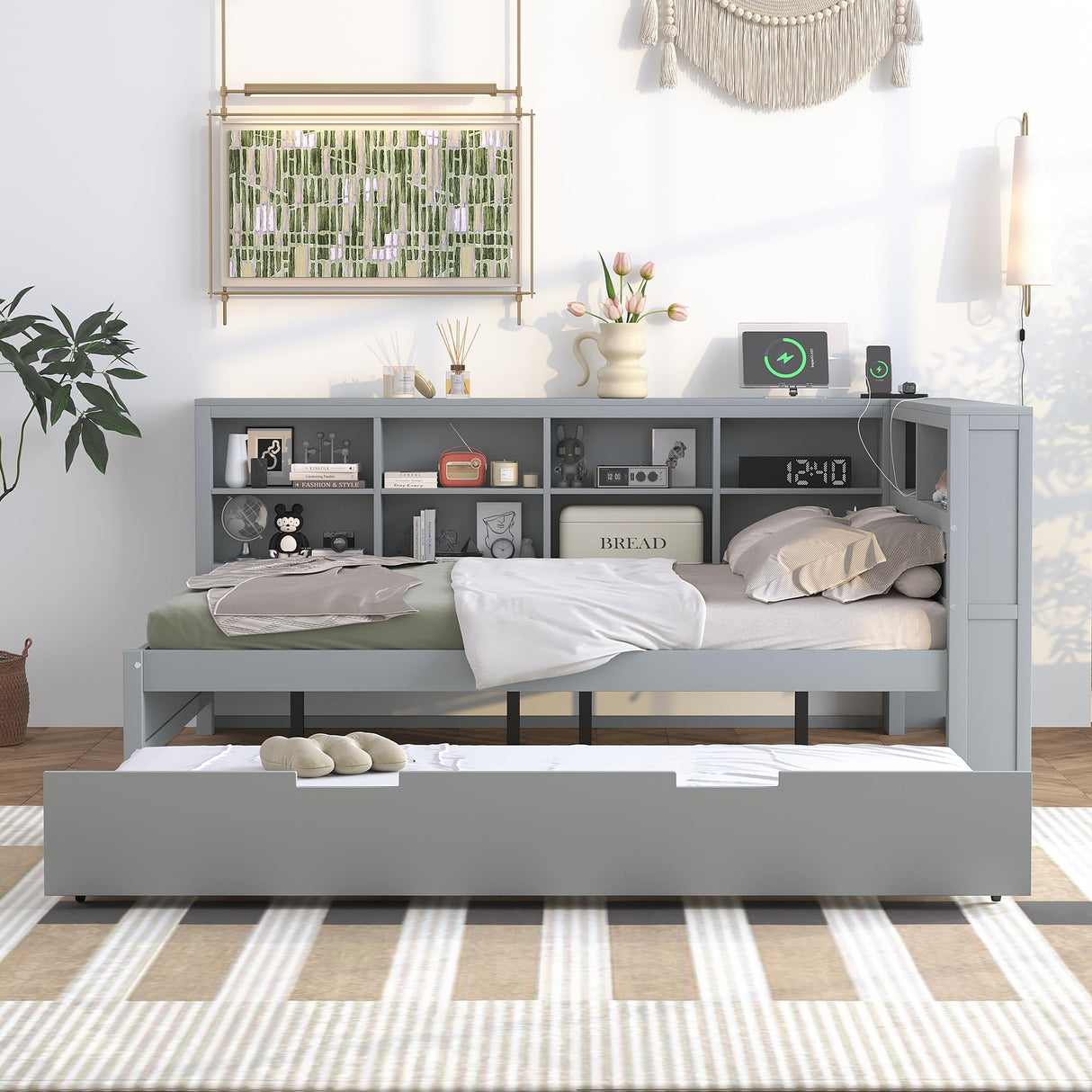 Harper & Bright Designs Full Daybed Frame with L-Shaped Bookcases, Wood Bed Frames with Trundle and USB Ports, Full Size Platform Bed with Storage Shelf and Charging Station for Kids Girls Boys, Grey Harper & Bright Designs