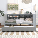Harper & Bright Designs Full Daybed Frame with L-Shaped Bookcases, Wood Bed Frames with Trundle and USB Ports, Full Size Platform Bed with Storage Shelf and Charging Station for Kids Girls Boys, Grey Harper & Bright Designs