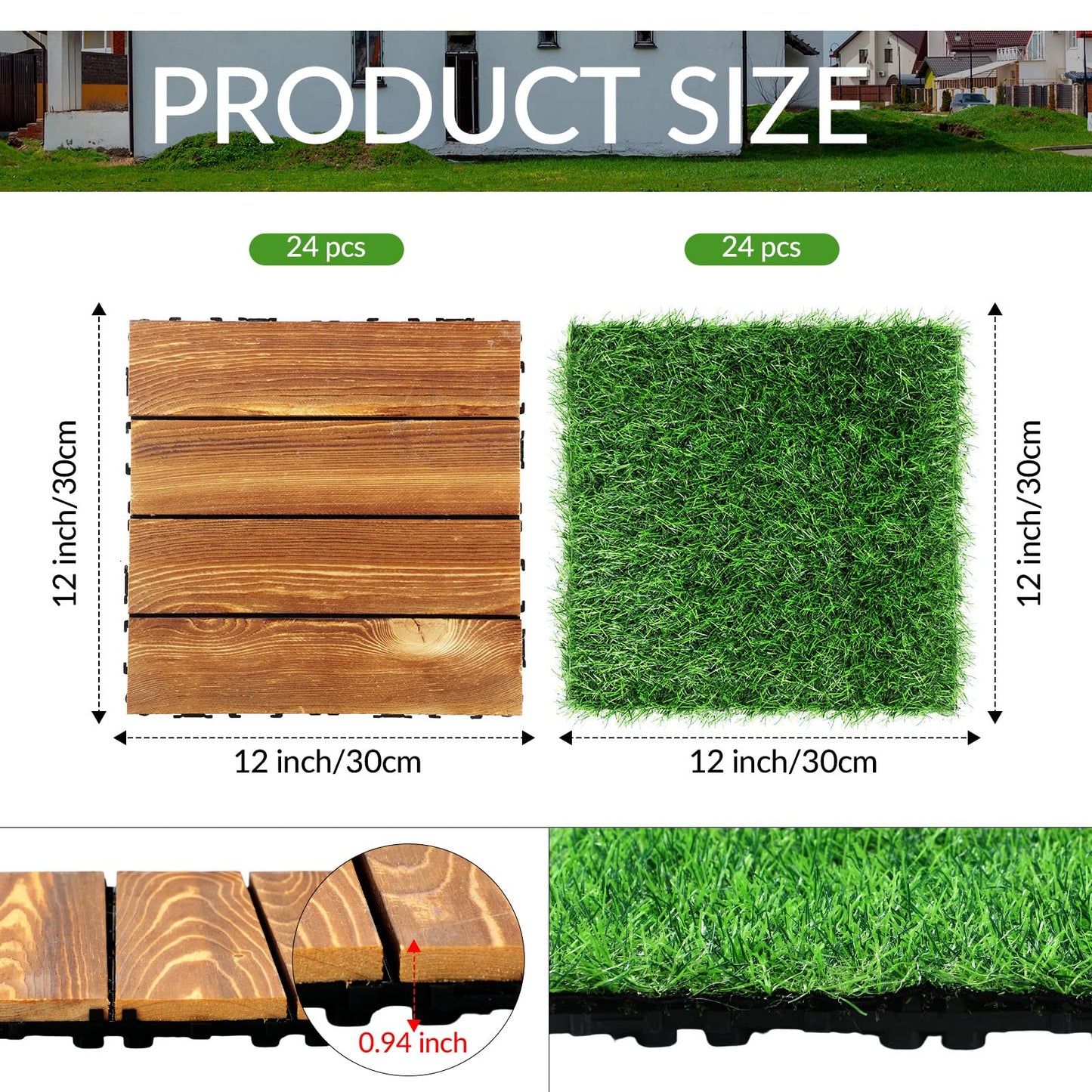 48 Pcs Hardwood Interlocking Patio Deck Tile and Artificial Grass Tile Waterproof Wood Flooring Tile Interlocking Turf Tile Outdoor Self Draining Tile for Balcony Garden Patio Lawn, 12x12 in