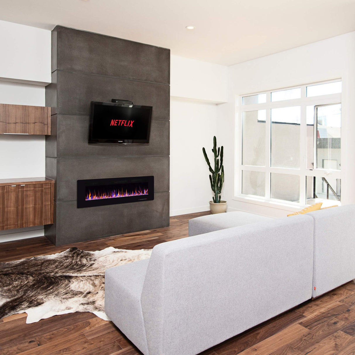 50" Electric Fireplace in-Wall Recessed and Wall Mounted 1500W Fireplace Heater and Linear Fireplace with Timer/Multicolor Flames/Touch Screen/Remote Control (Black) Xbeauty