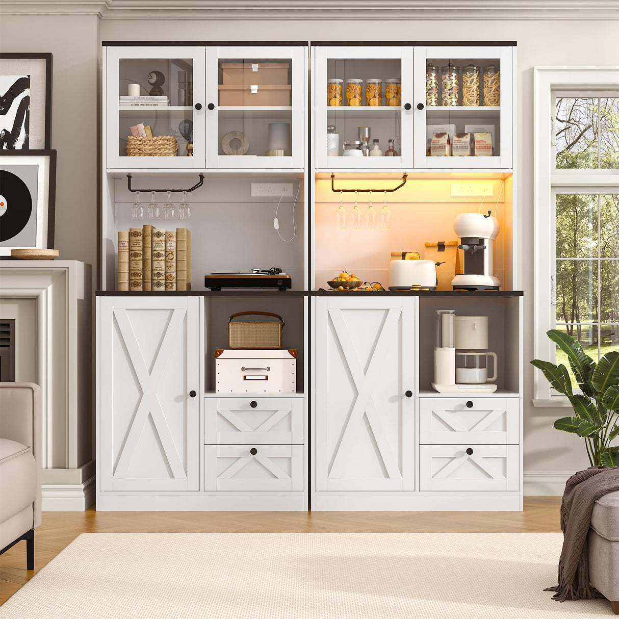 CBBPET 71" Tall Coffee Bar Cabinet with Storage Hutch, Farmhouse Kitchen Pantry Cabinet with LED Lights Microwave Stand and Glass Holder for Home Dining Room Kitchen,White CBBPET