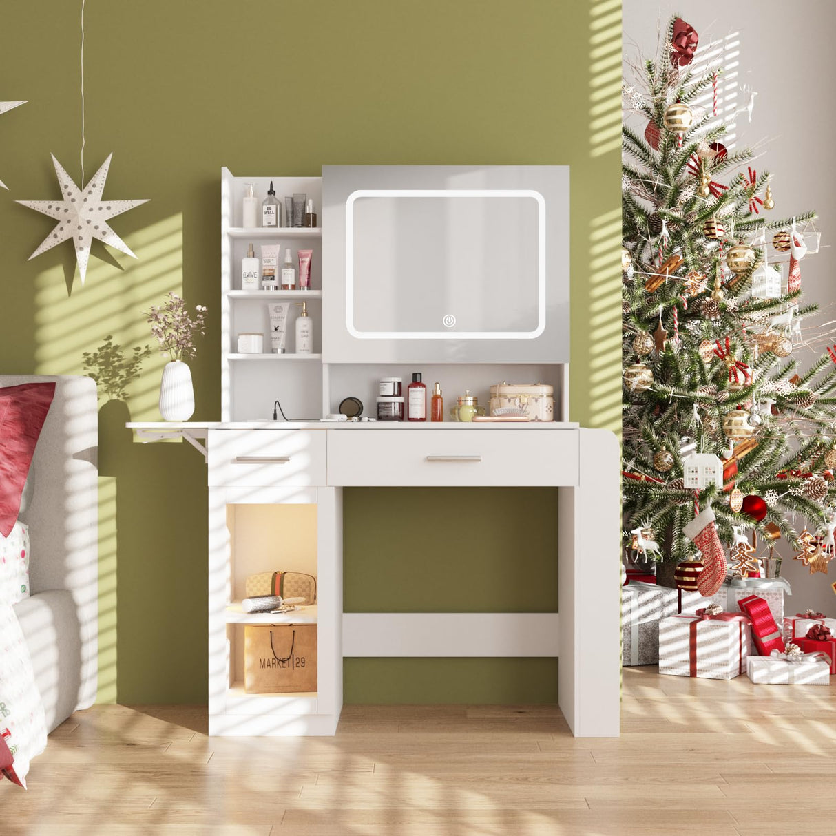 Vabches Vanity Desk with Mirror and Lights, Makeup Vanity with Charging Station, Vanity Table with Drawers, Shelves and Large Storage Cabinet for Home and Bedroom Vabches