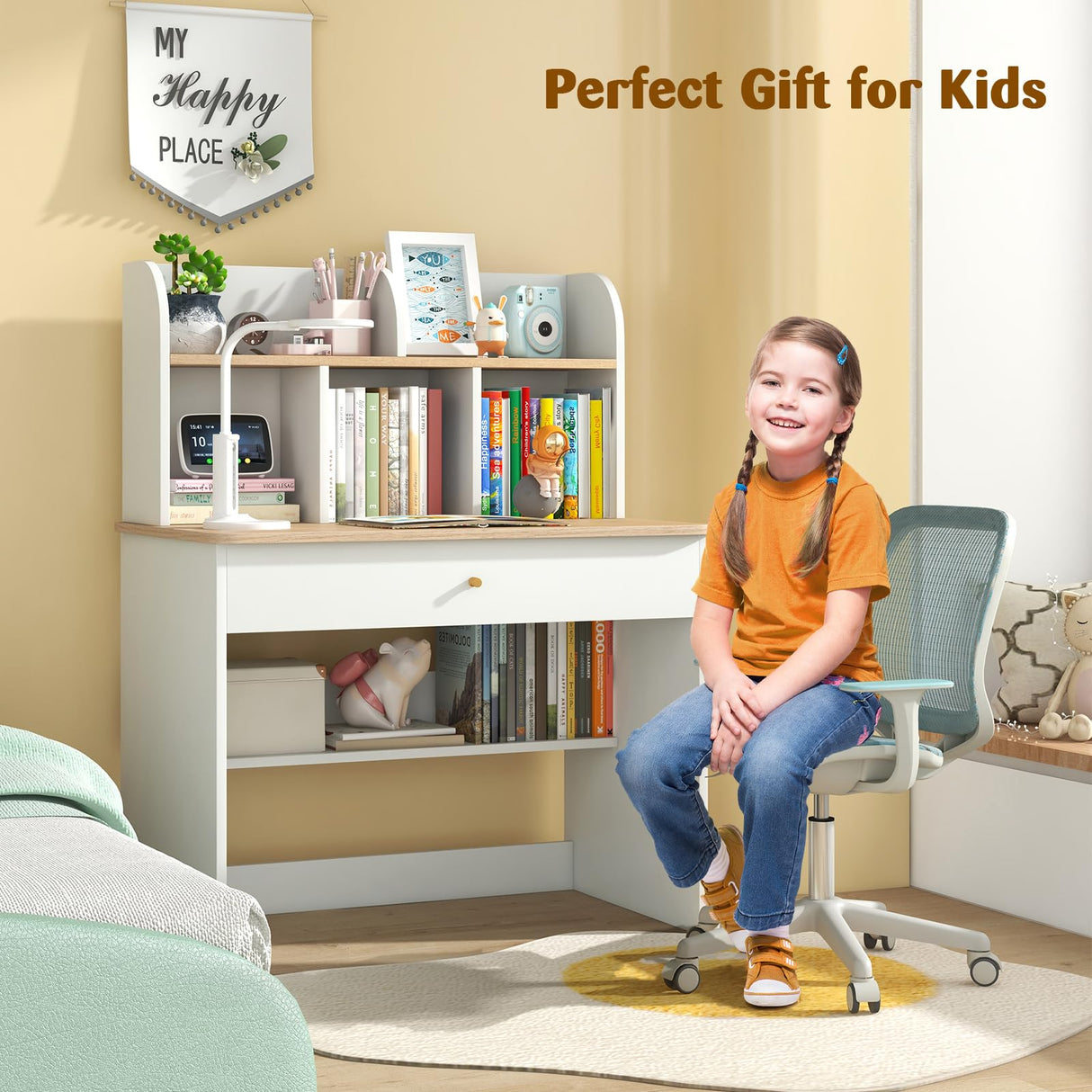 HONEY JOY White Kids Desk, Wooden Children School Study Table with Hutch, Pull-Out Drawer, Storage Shelves, Student Writing Desk Computer Workstation for Bedroom, 3+ Years Old HONEY JOY