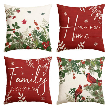AVOIN colorlife Christmas Cardinal Home Sweet Home Poinsettia Holly Berries Throw Pillow Covers, 18 x 18 Inch Family is Everything Winter Holiday Cushion Case Decoration for Sofa Couch Set of 4 AVOIN colorlife