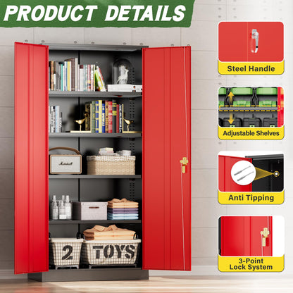 Greenvelly Metal Garage Storage Cabinet with Doors and Shelves,72" Steel Locking Garage Storage Cabinet,Metal Office Storage Cabinet for Home,School,Garage(Black Red 36" W x18 D) - WoodArtSupply