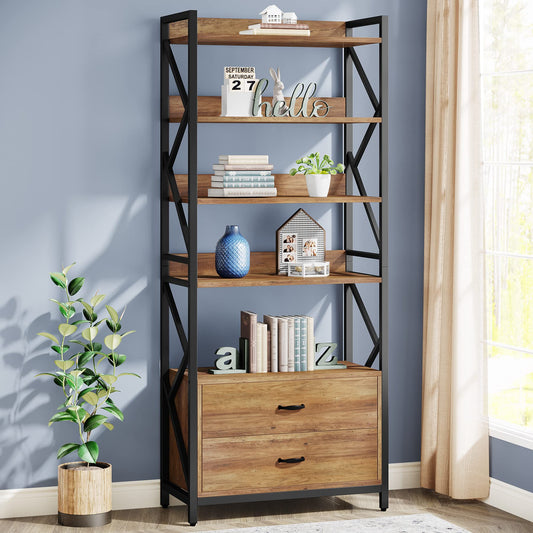 Tribesigns Rustic Brown 70.8" Industrial Bookshelf with 2 Drawers and 5 Open Shelves - WoodArtSupply