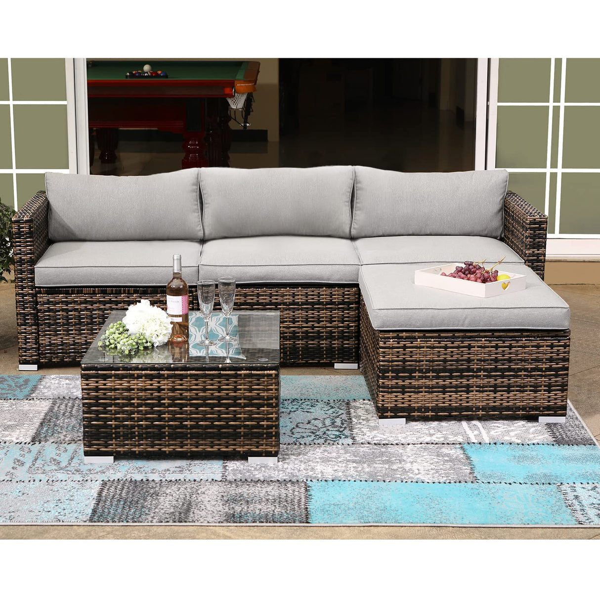 COSIEST 5-Piece Outdoor Furniture All-Weather Mottlewood Brown Wicker Sectional Sofa w Warm Gray Thick Cushions, Glass-Top Coffee Table, Patio COSIEST