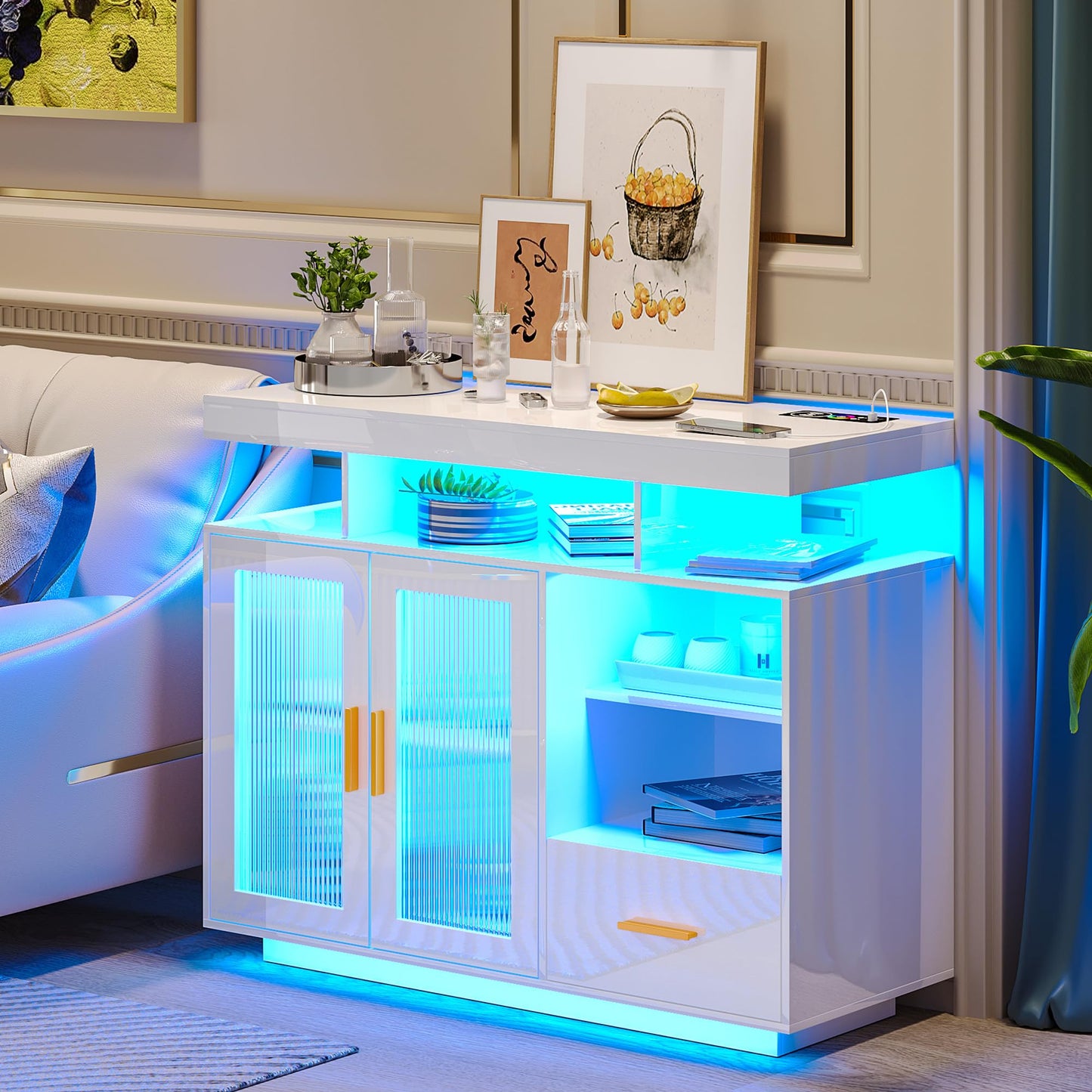 Modern White LED Sideboard Buffet Cabinet with Charging Station and Auto Sensor Lights