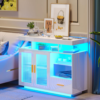 Modern White LED Sideboard Buffet Cabinet with Charging Station and Auto Sensor Lights