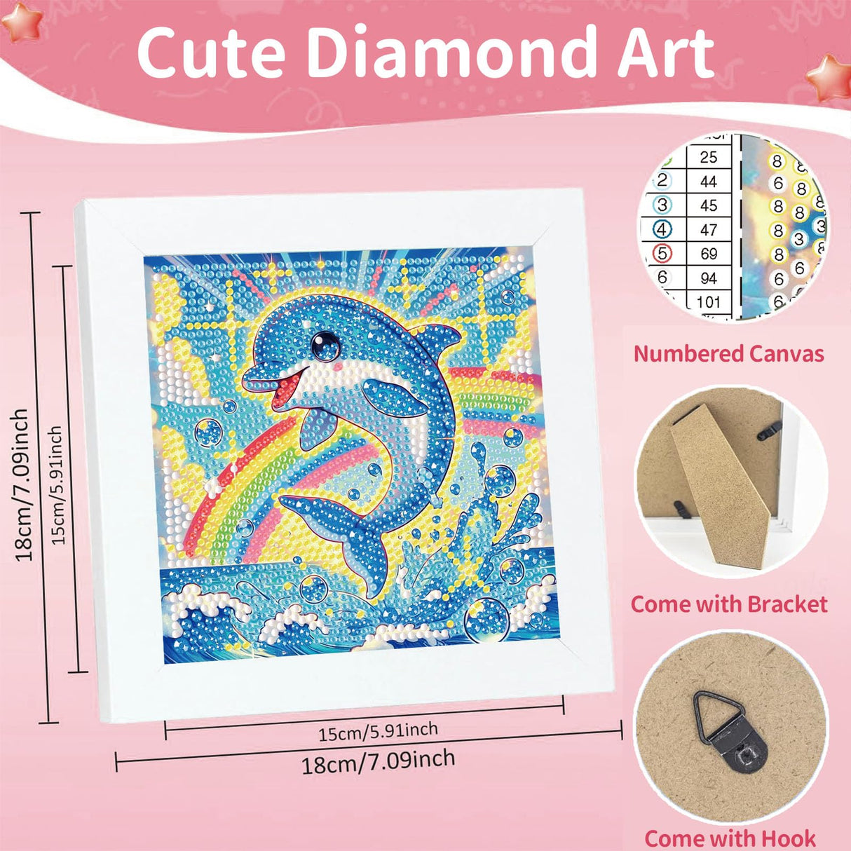 Gemozaic Diamond Art Kits for Kids with Frame, Dolphin Diamond Art for Kids Ages 4-6 for Gift Home Wall Decor (7x7inch) Gemozaic