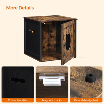 FEANDREA Cat Litter Box Furniture, Hidden Litter Box Enclosure Cabinet with Single Door, Indoor Cat House, End Table, Nightstand, Rustic Brown and Black UPCL004X02 - WoodArtSupply