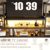 Full Size Loft Bed with LED Light & TV Table, Adults Loft Beds with Charging Station & Storage Bookcase, Wardrobe, Heavy-Duty Metal Lofts Frame with Stairs for Kids, Teens & Youth Dorms, Black Mirightone