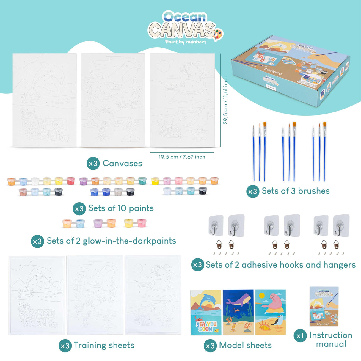 BONNYCO Paint by Numbers Kit for Kids Sea Animals Pack 3 Canvas Paint by Number Canvas Framed, Ocean Gifts for Kids, Arts and Crafts 4-6 8-12 Pintar por Numeros Pre Drawn Painting Under Sea Crafts BONNYCO