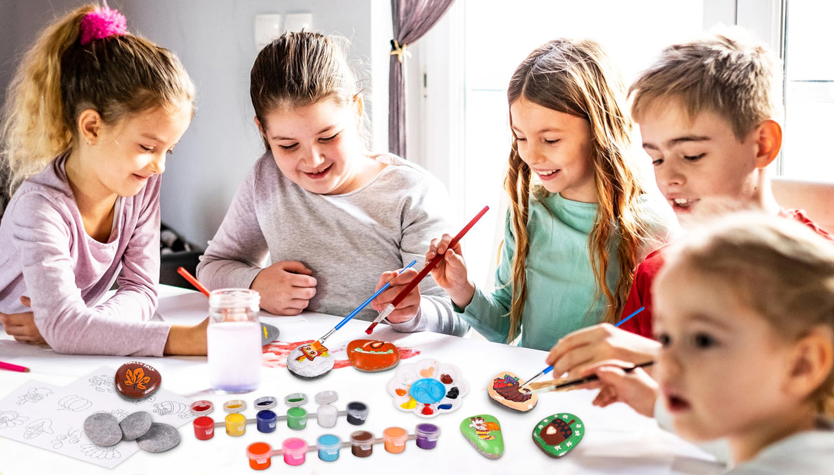 80UncleKimby Fall Thanksgiving Rock Painting Kit: Arts and Crafts for Kids - Include DIY Stones, Water Paint, Tattoos, Gifts Toys Party Favors Classroom Activities for Girls Boys Ages 8-12 80UncleKimby